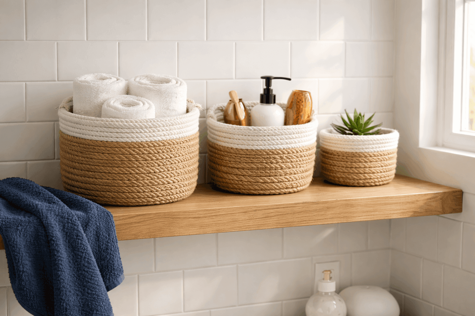 Handmade rope-wrapped baskets in various sizes displaying coastal boho style on bathroom shelf with towels and plants