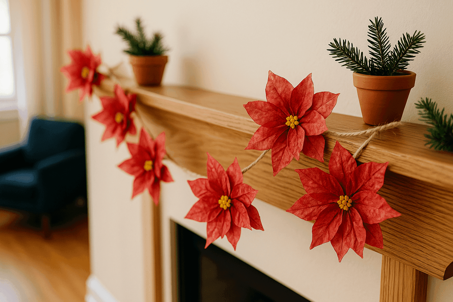 Handmade red poinsettia flowers created from dyed coffee filters arranged in festive garland on mantel