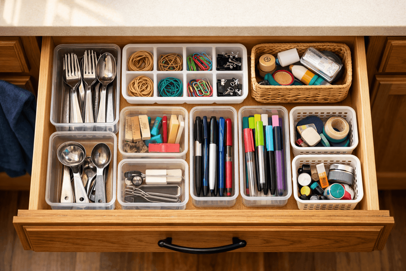 Organized drawer with dollar store containers creating custom compartments for various items