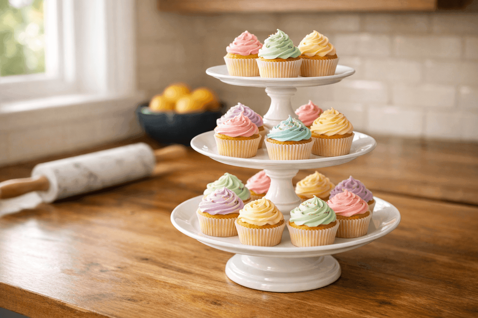 Elegant three-tier serving stand made from dollar store plates and candlesticks displaying cupcakes on white kitchen counter