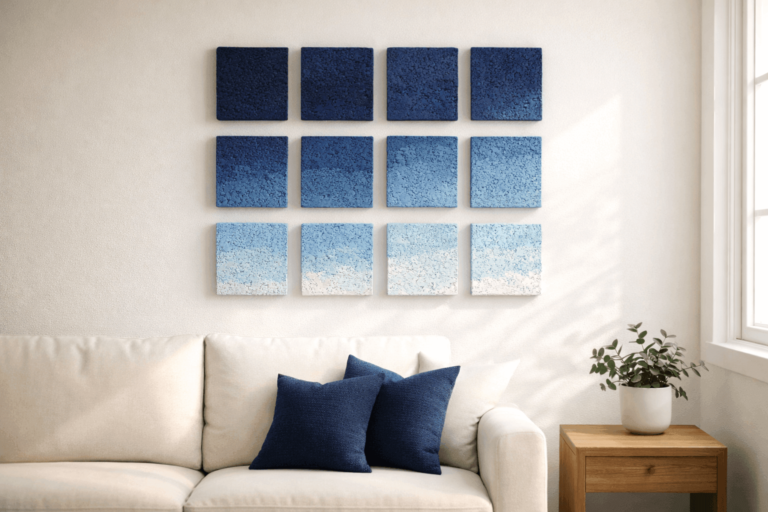 Grid of painted cork trivets arranged as modern textured wall art in ombré blue shades on white wall in contemporary living room