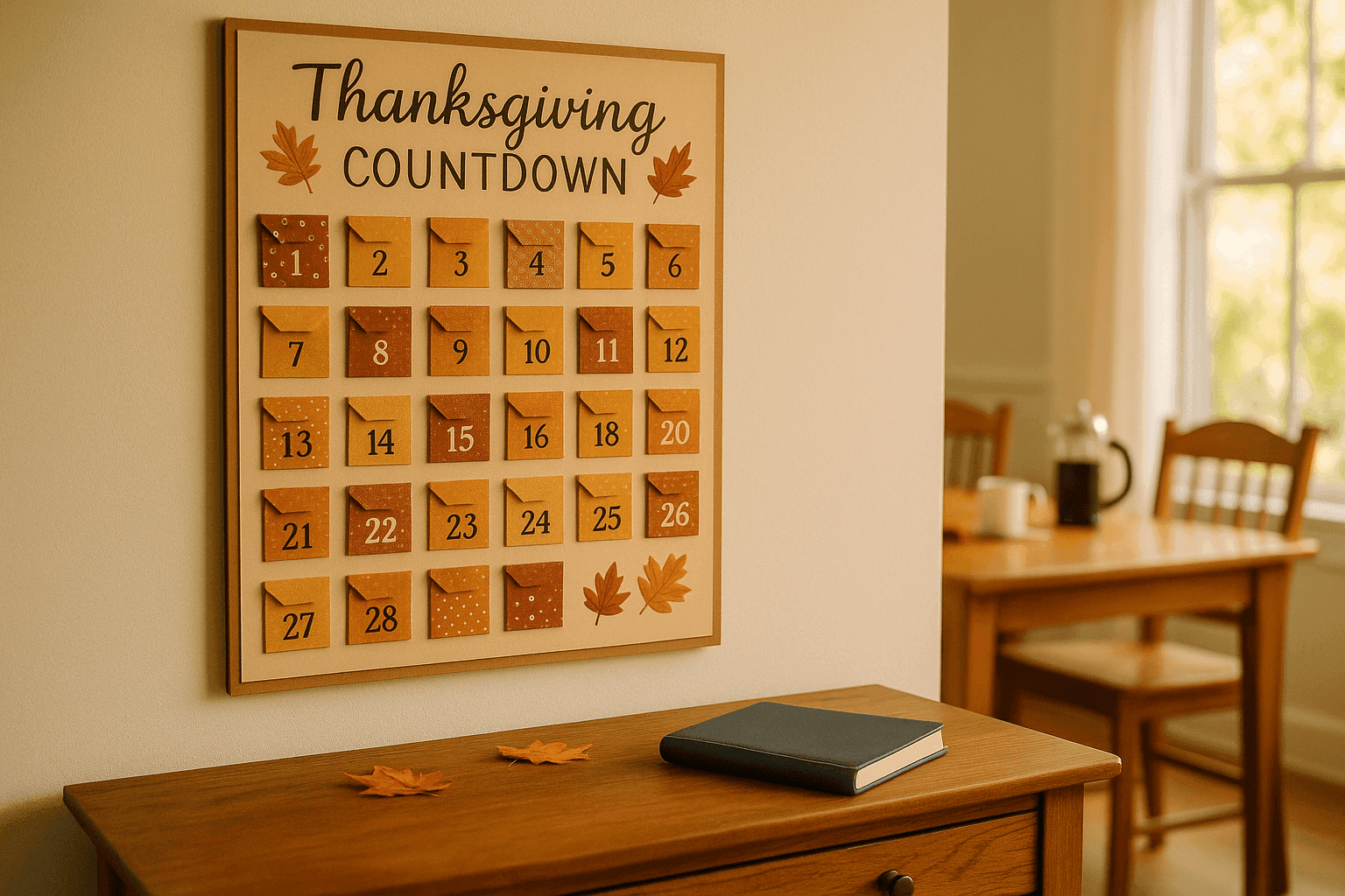 Beautiful handmade Thanksgiving countdown calendar hanging on a wall with numbered envelopes containing daily gratitude prompts and a family writing responses together