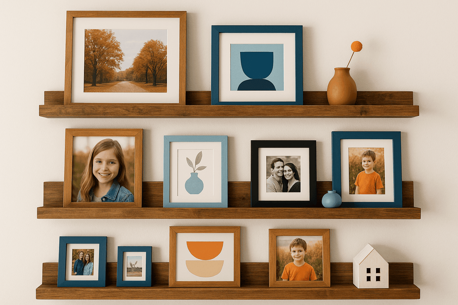 Rustic wooden picture ledges with front lip displaying rotating artwork and photos in a gallery wall arrangement