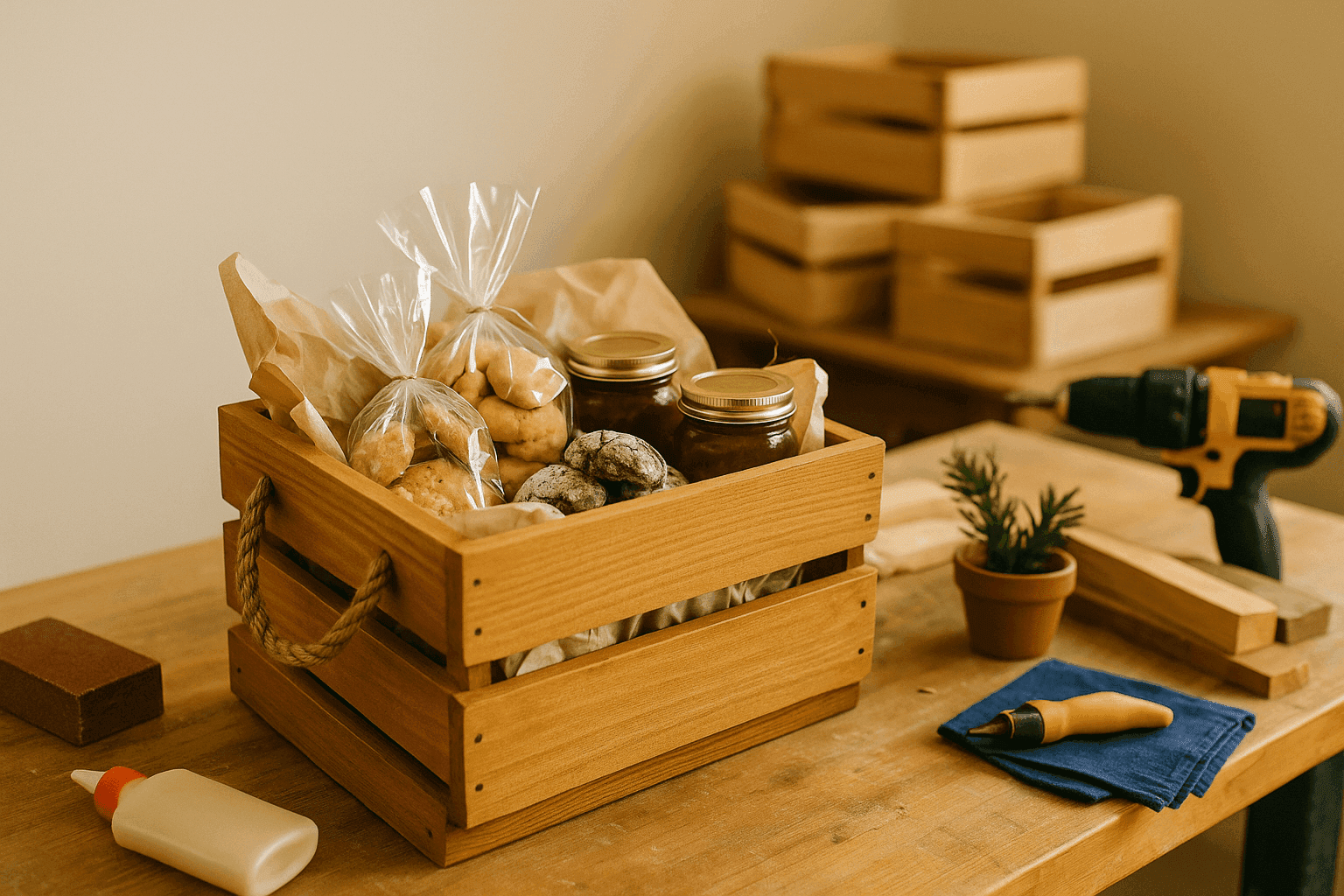 Handmade wooden gift crate with rope handles filled with homemade goodies and tissue paper creating rustic gift presentation