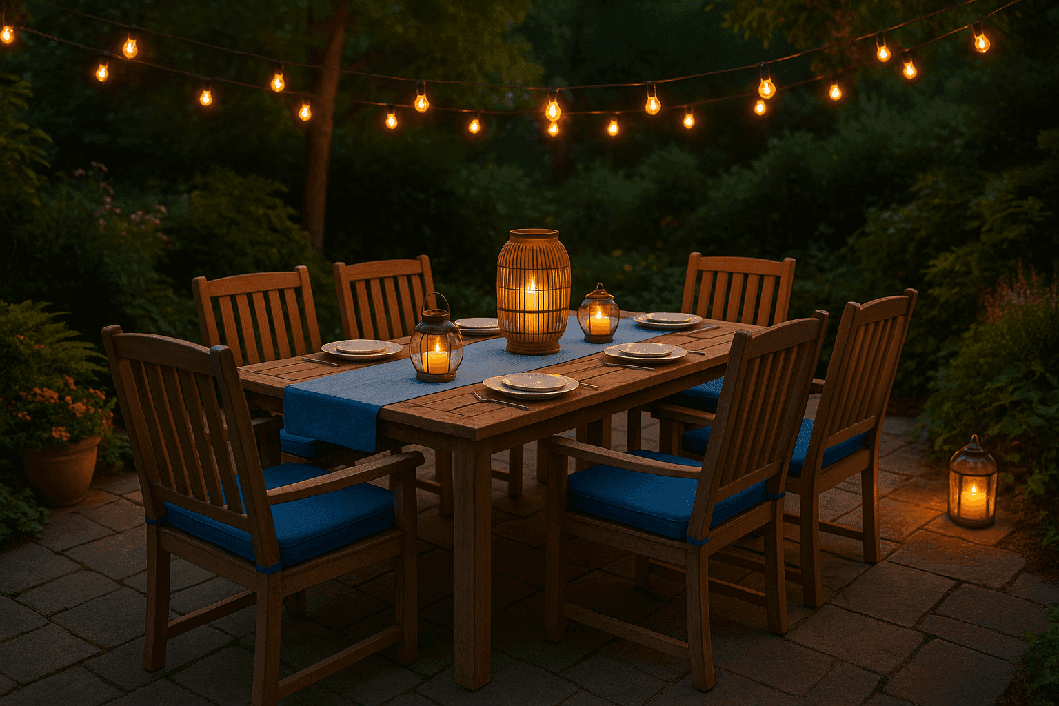 Beautiful outdoor dining setup with weather-resistant table and chairs under twinkling string lights creating magical evening ambiance