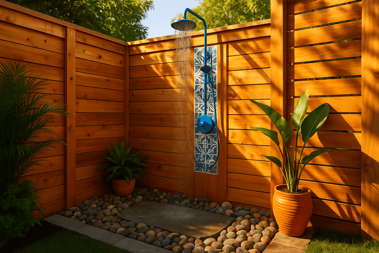 Modern outdoor shower with cedar privacy walls and tropical plants in a sunny backyard setting