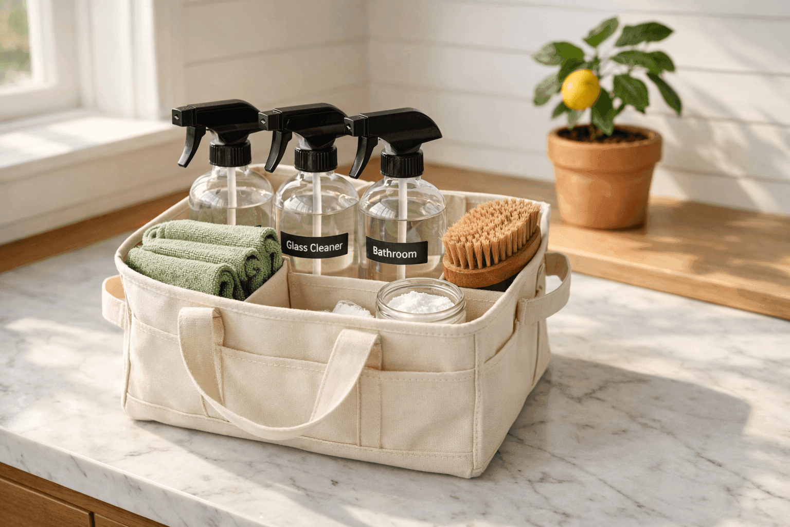 Organized spring cleaning caddy filled with homemade cleaners, microfiber cloths, and scrub brushes on a bright kitchen counter