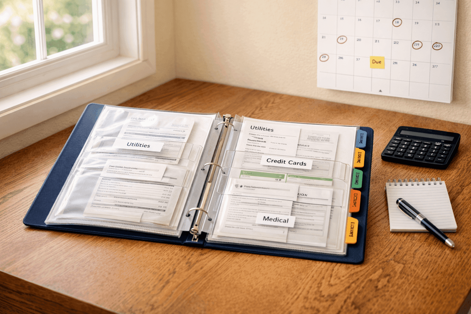 Organized bill payment binder with labeled sections and calendar tracking system on desk