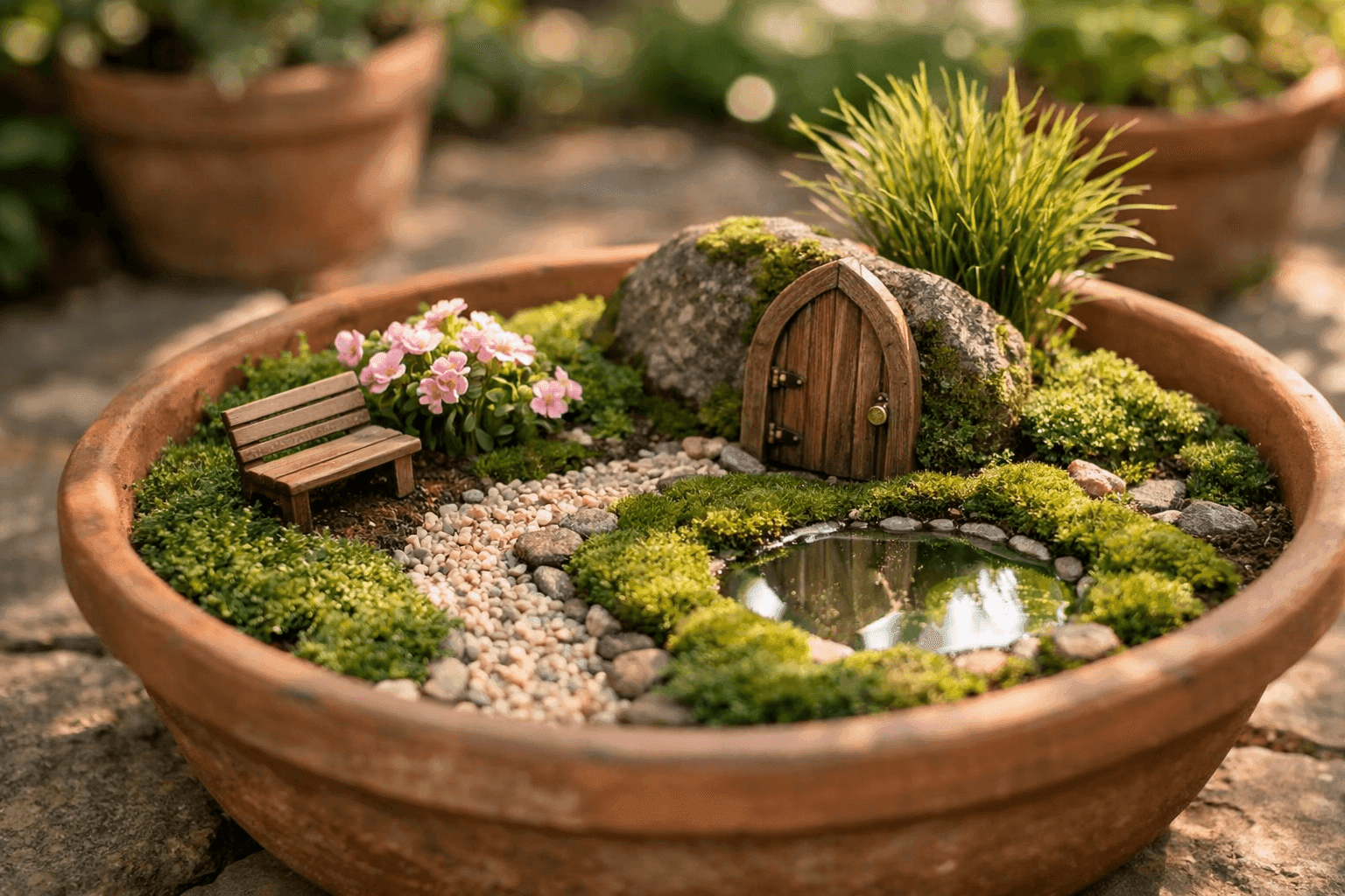 Enchanting miniature fairy garden in a terracotta pot with tiny wooden furniture, a pebble path, and small flowering plants in soft natural light