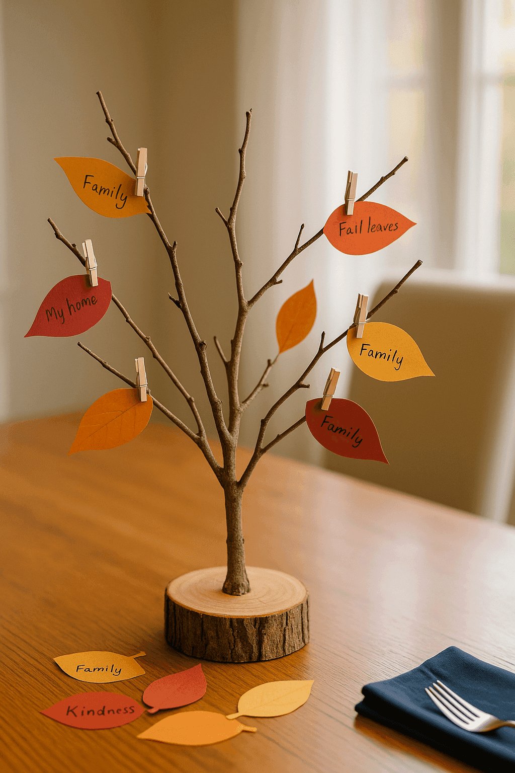 Beautiful wooden gratitude tree made from natural branches mounted in a wood base with colorful paper leaves clipped on with mini clothespins showing family thankfulness notes