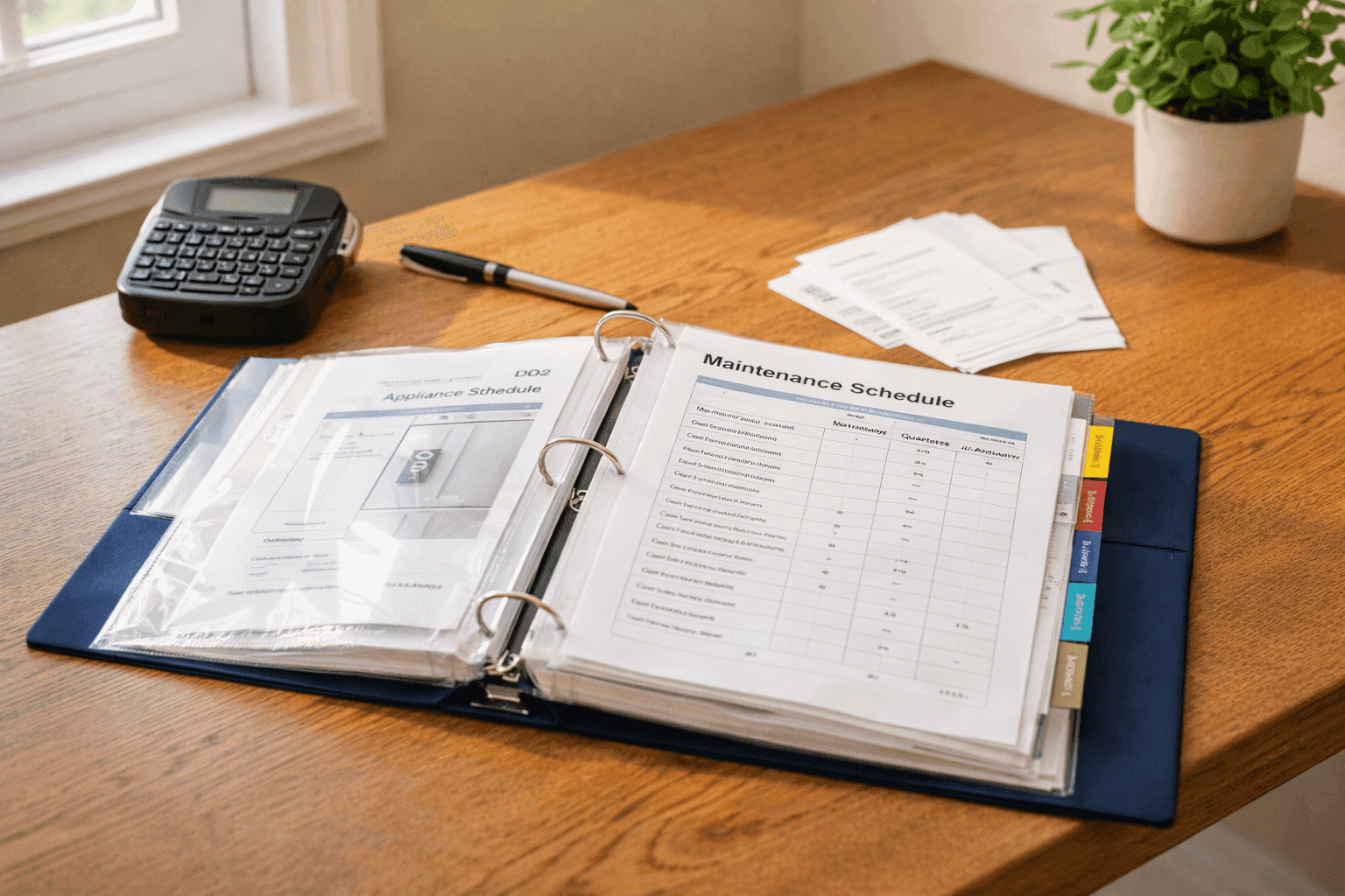 Organized home maintenance binder with labeled sections for manuals, warranties, and service schedules