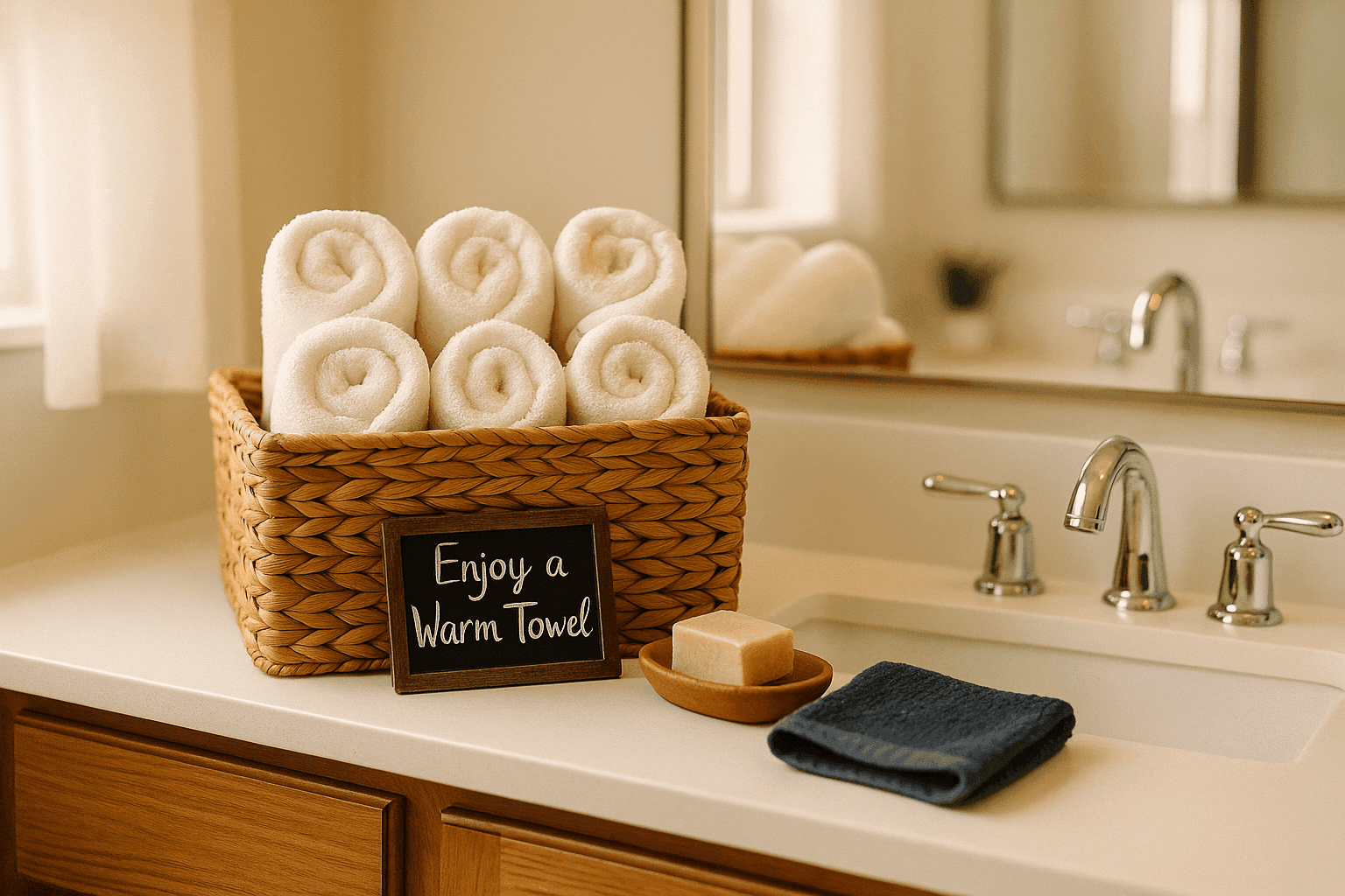 Decorative basket with rolled white hand towels warmed by heating pad creating spa-like luxury in guest bathroom