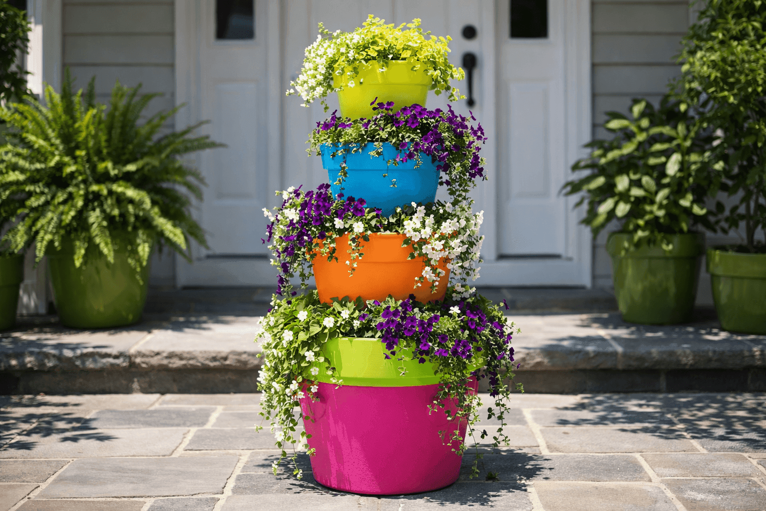 Stacked graduated terra cotta pots painted in electric neon colors with cascading green trailing plants on a sunny front porch entrance