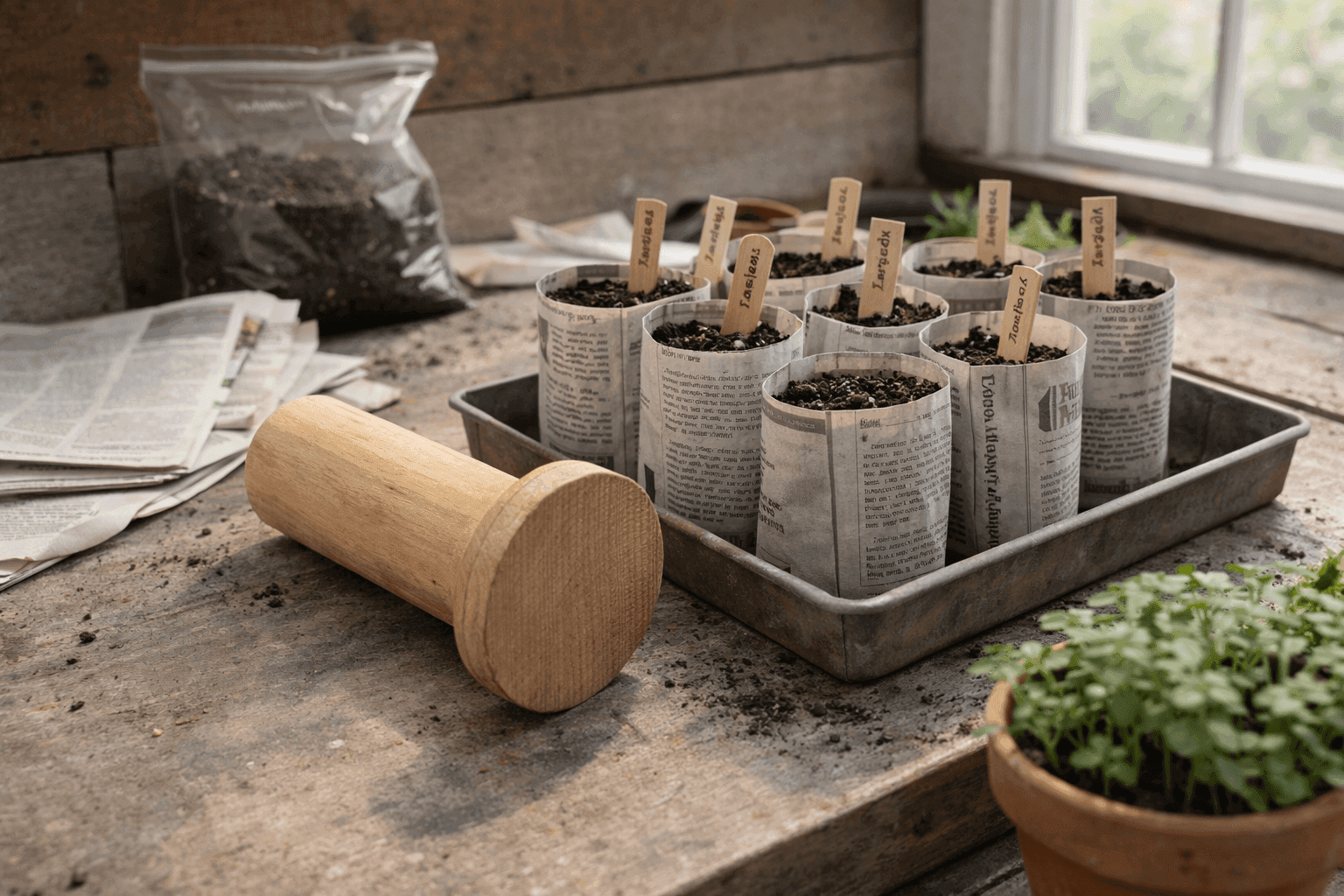 Handmade wooden newspaper pot maker tool resting beside a row of finished newspaper seedling pots filled with seed starting mix