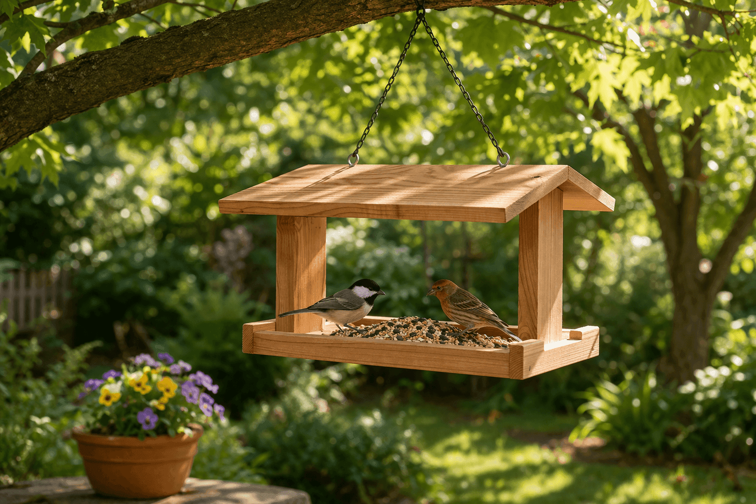 Handbuilt natural cedar platform bird feeder with a simple roof hanging from a tree branch with birdseed on the platform and birds visiting in a sunny backyard garden setting