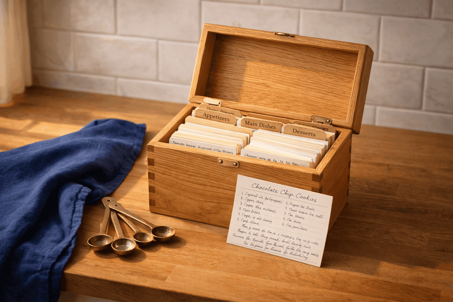 Handcrafted wooden recipe box with hinged lid open showing organized recipe cards with category dividers on kitchen counter