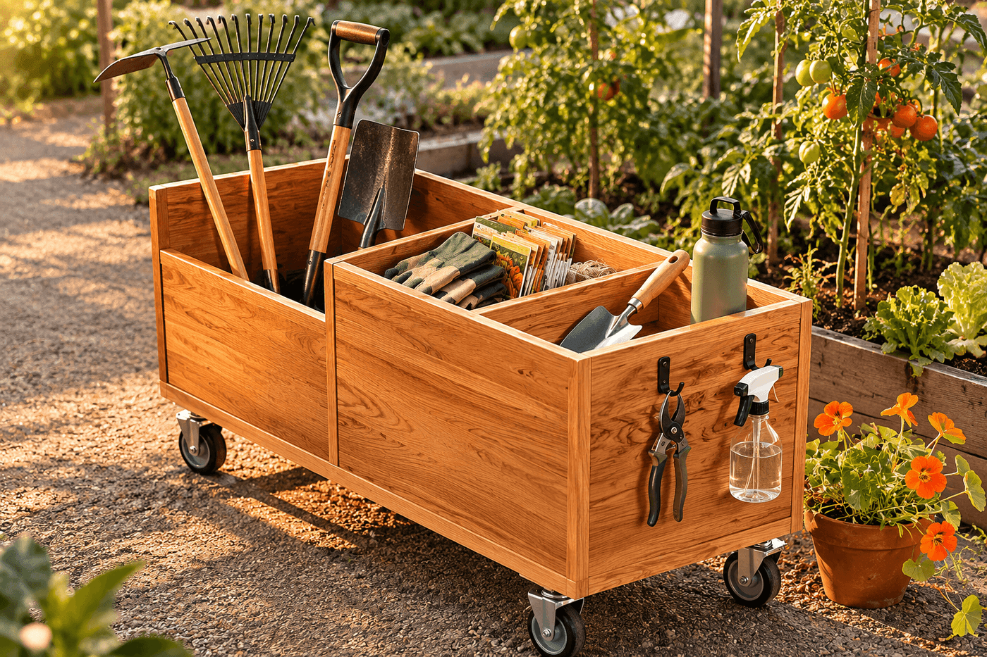 A handbuilt rolling garden cart on swivel casters with two compartments — one deep side holding long-handled tools upright and one shallower side with hand tools, gloves, and seed packets — on a garden path beside a raised bed