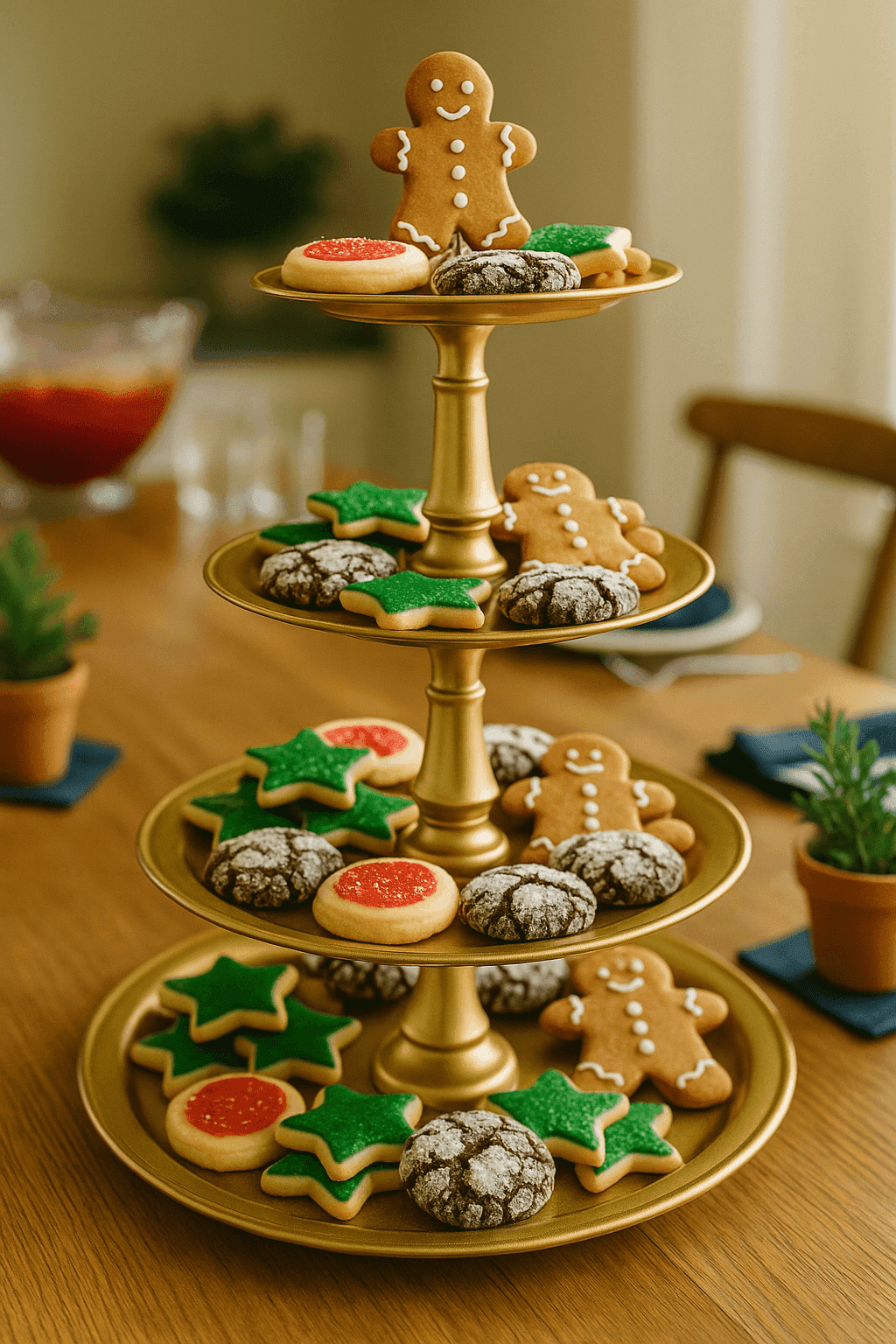 Three-tier cookie platter made from dollar store plates and candlesticks displaying holiday cookies at party