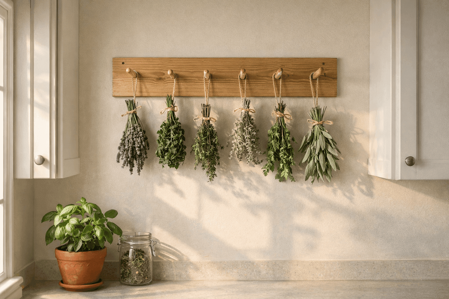 Handbuilt wall-mounted wooden herb drying rack with angled dowels holding tied bundles of lavender, thyme, and oregano drying in a bright farmhouse kitchen