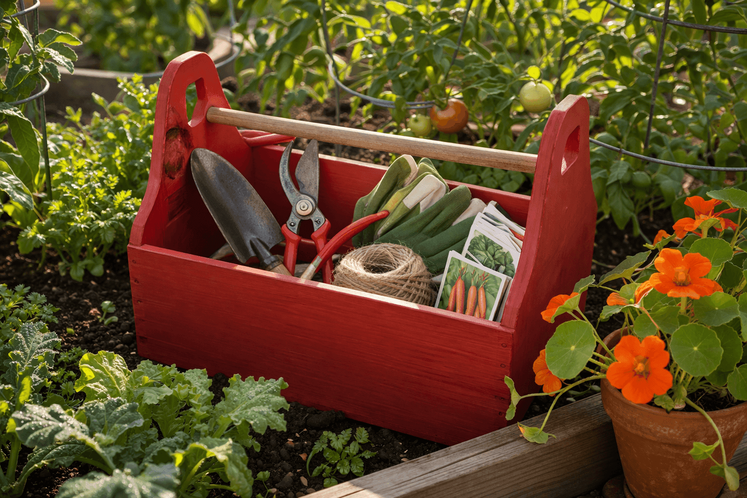 Handbuilt wooden garden tool caddy in bright red paint filled with hand trowels, pruners, garden gloves, and twine sitting in a raised garden bed in morning sun