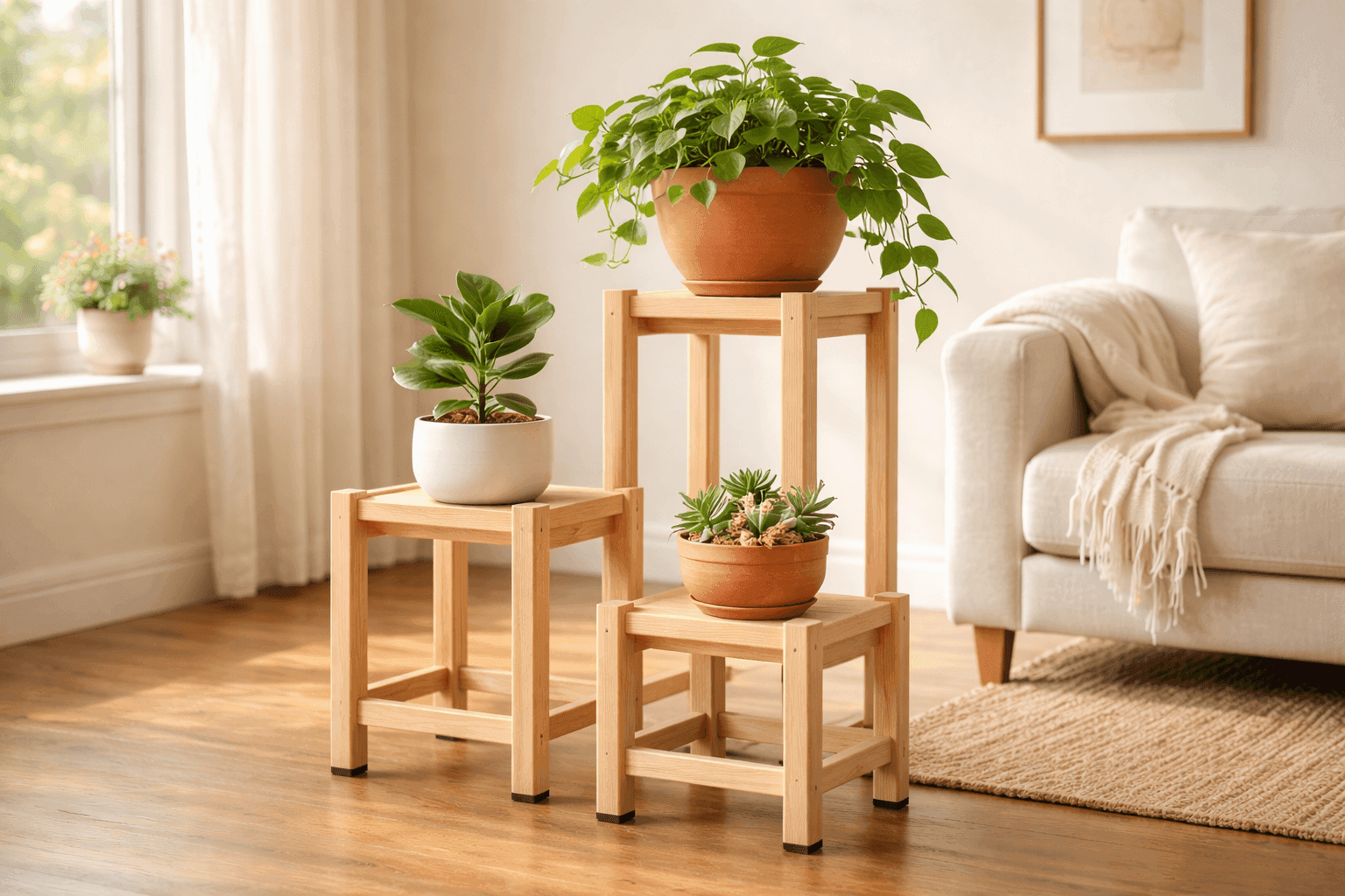 Minimalist natural wood plant stand with clean joinery holding a terracotta pot with a trailing pothos in a bright modern living room interior