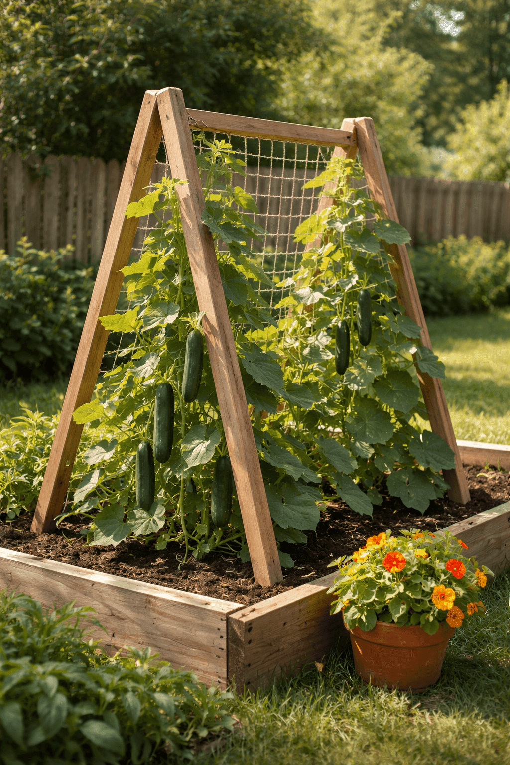Wooden A-frame cucumber trellis with jute netting standing in a raised garden bed with cucumber vines climbing both sides