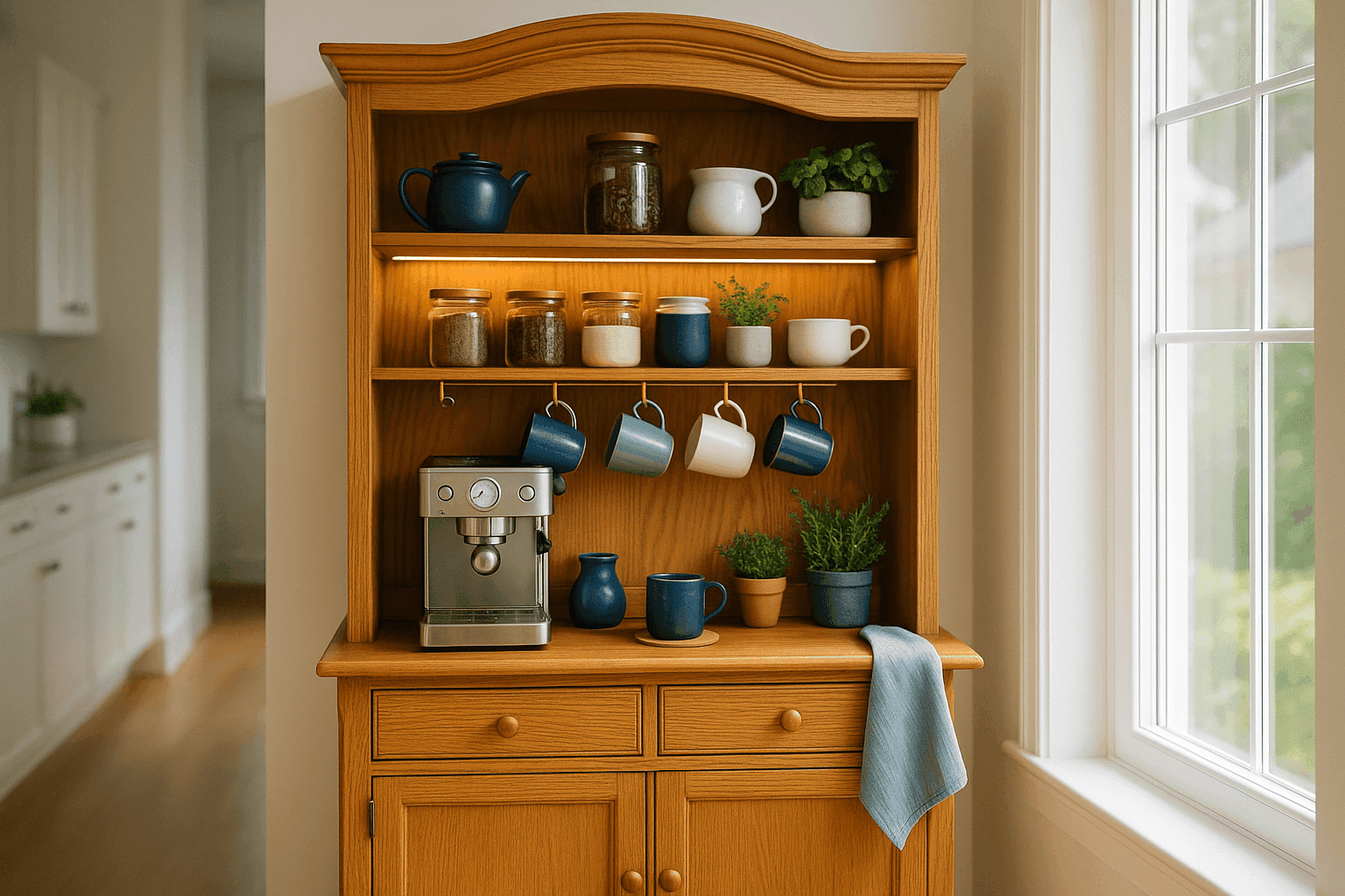 Converted china cabinet coffee bar with open shelving displaying mugs on hooks and organized coffee supplies in transformed hutch