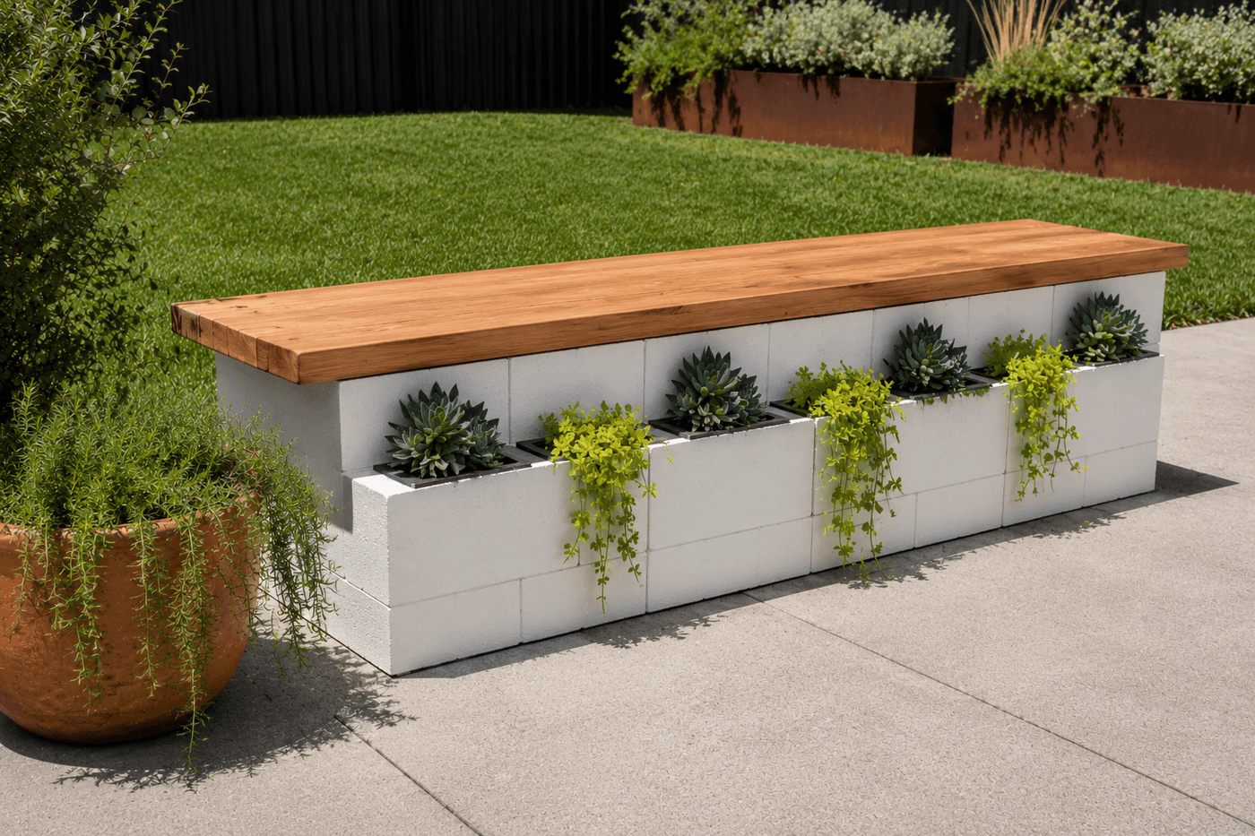 Modern cinder block planter bench painted white with charcoal top surfaces, topped with a cedar plank seat and filled with trailing succulents and bright annual flowers on a sunny patio