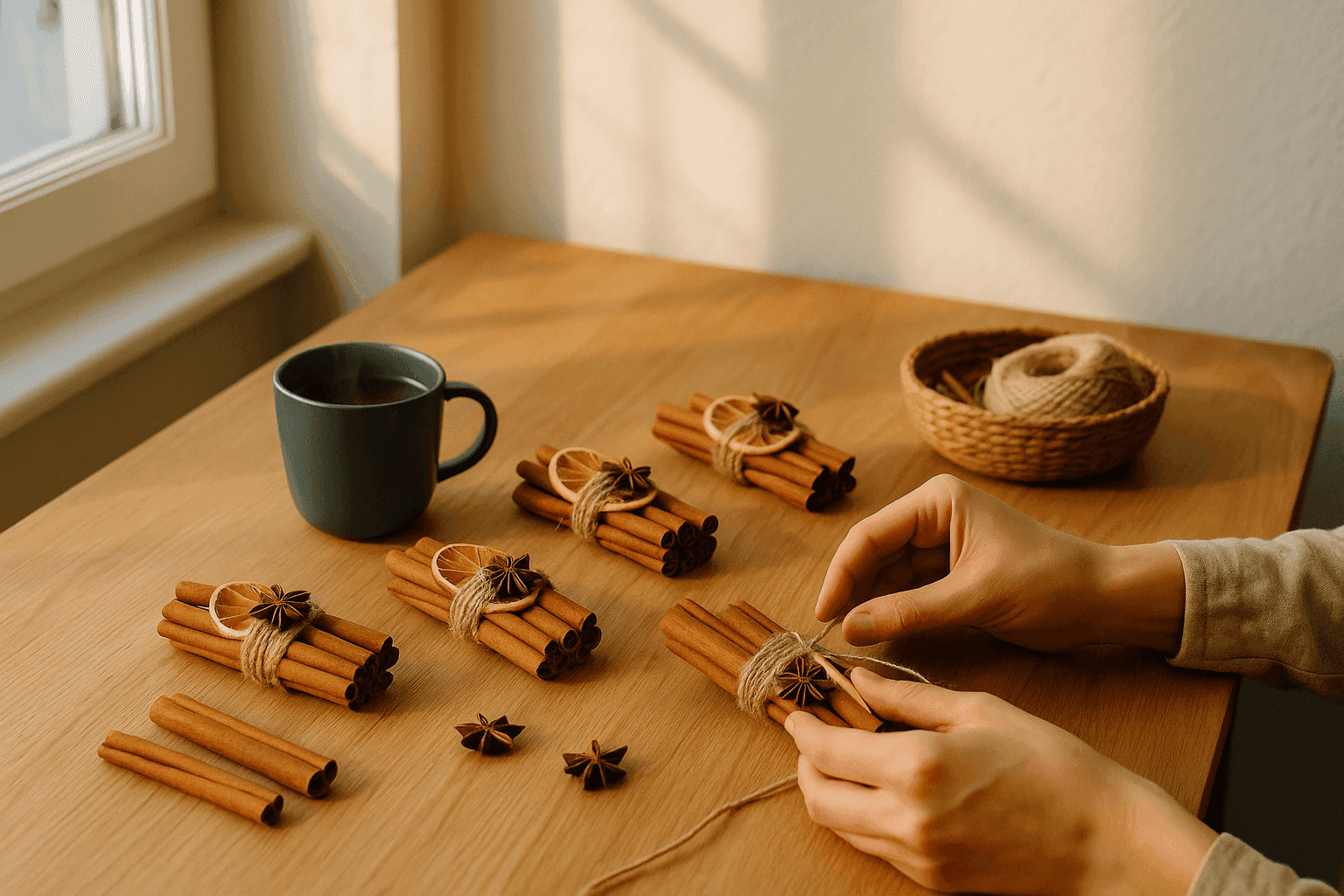 Handcrafted cinnamon stick bundles wrapped with natural twine and decorated with dried orange slices on peaceful workspace