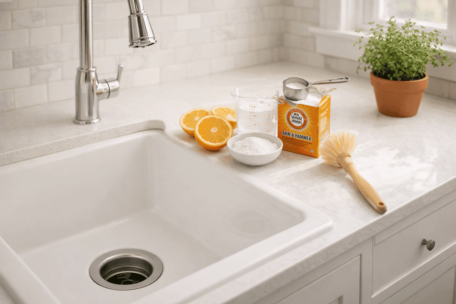 Clean bright kitchen sink with fresh citrus peels, a box of baking soda, and white vinegar bottle arranged beside the drain opening on a white countertop in natural light