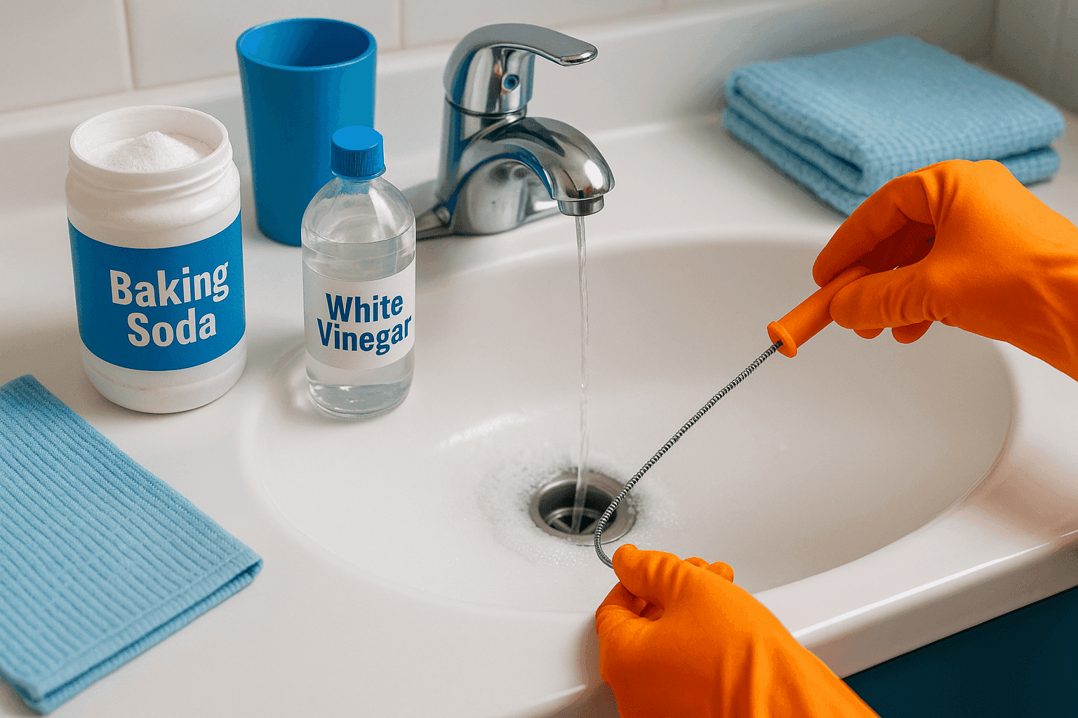 Bathroom sink drain being cleared with natural cleaning method showing baking soda, vinegar, and drain snake tools for effective clog removal