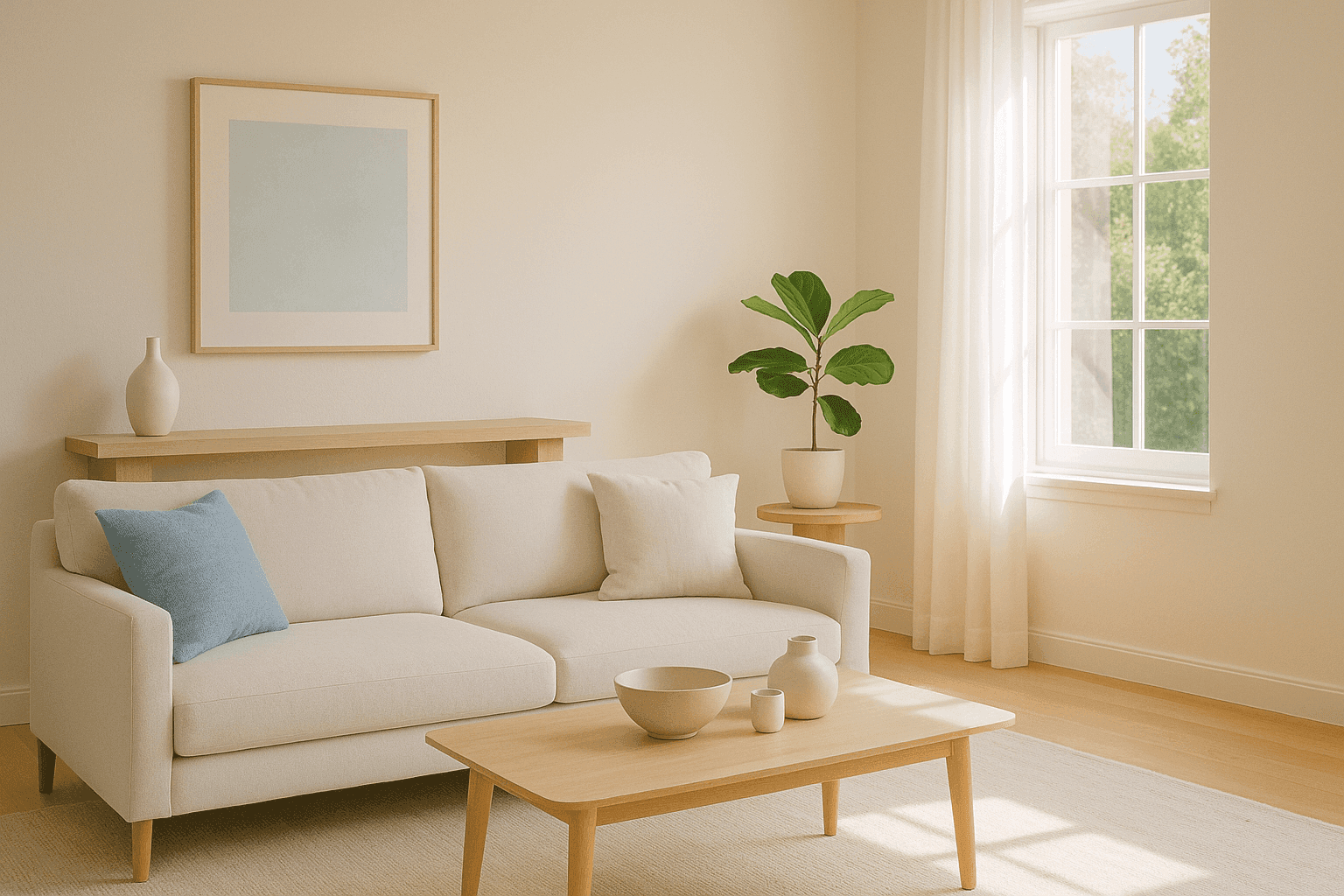 Clean, minimalist summer living room with clear surfaces, light decor, and airy feel showcasing simplified seasonal living