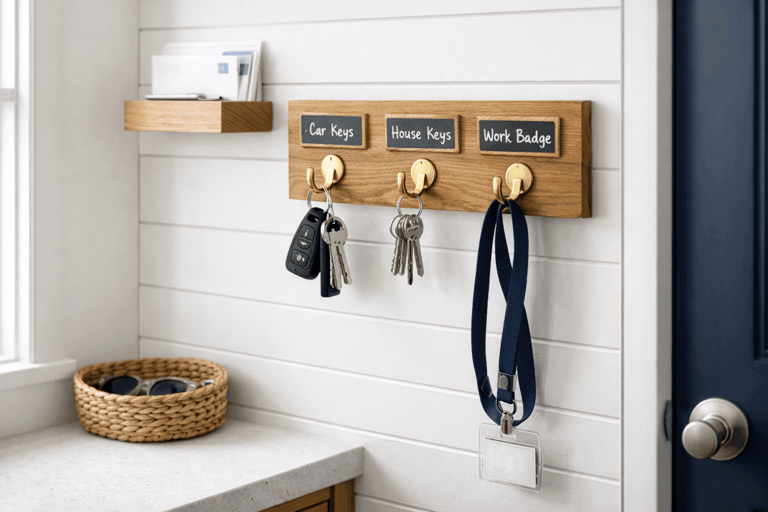 Organized entryway with wooden key hook board mounted on wall showing labeled hooks for car keys, house keys, and work badges
