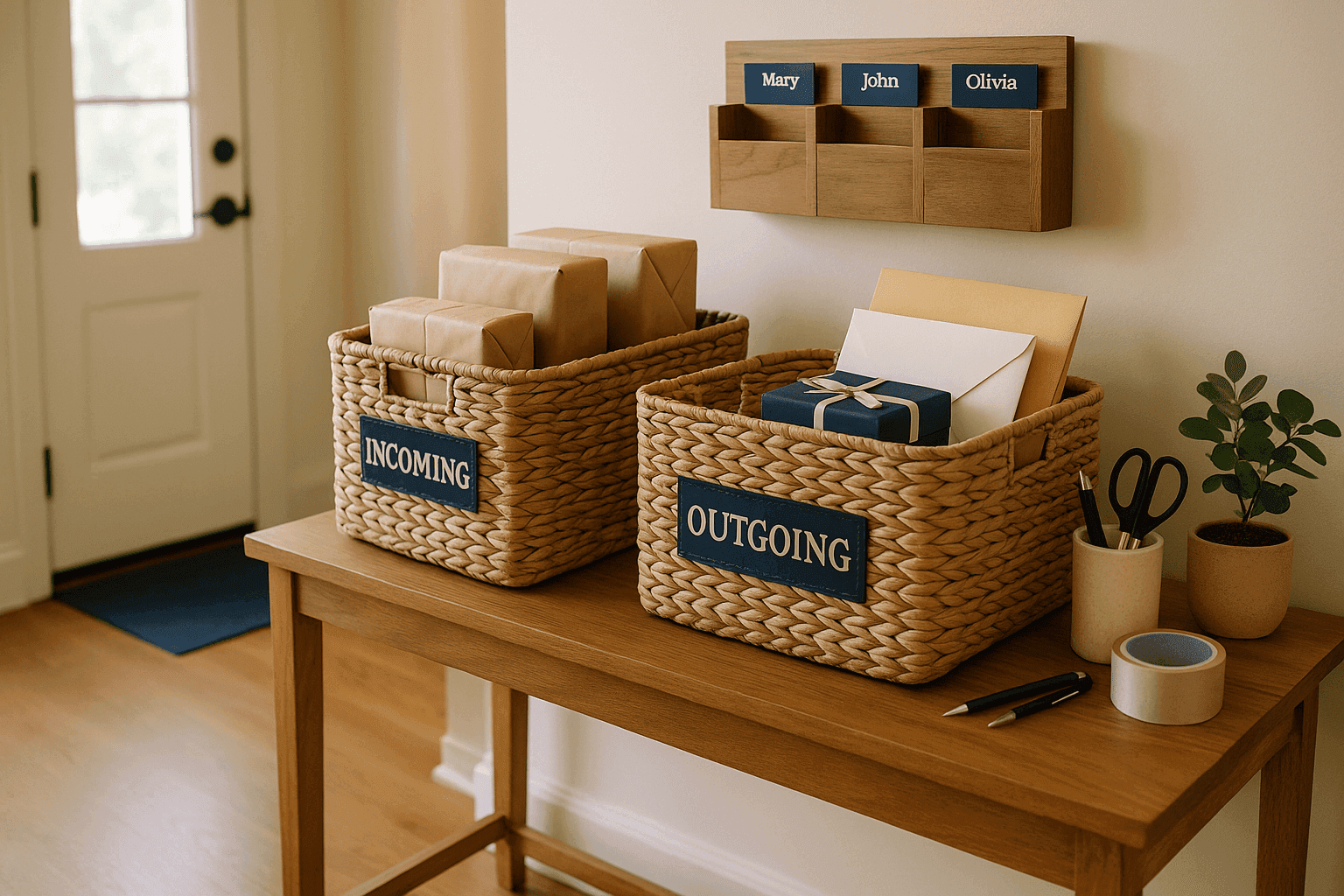 Organized mail and package receiving station with baskets for incoming deliveries and outgoing shipments near front entry