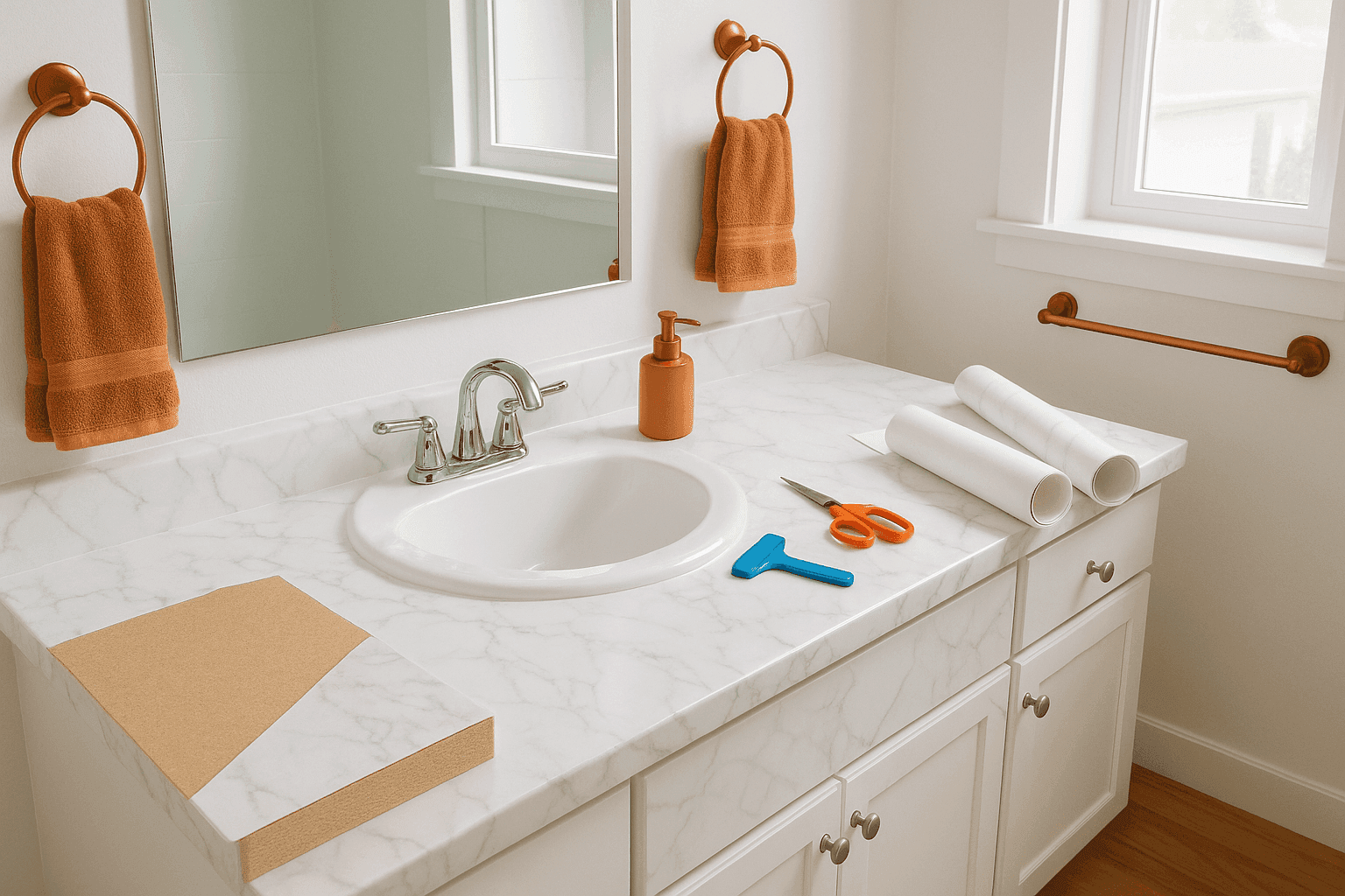 Bathroom vanity counter covered with elegant marble-look contact paper creating high-end appearance for minimal cost