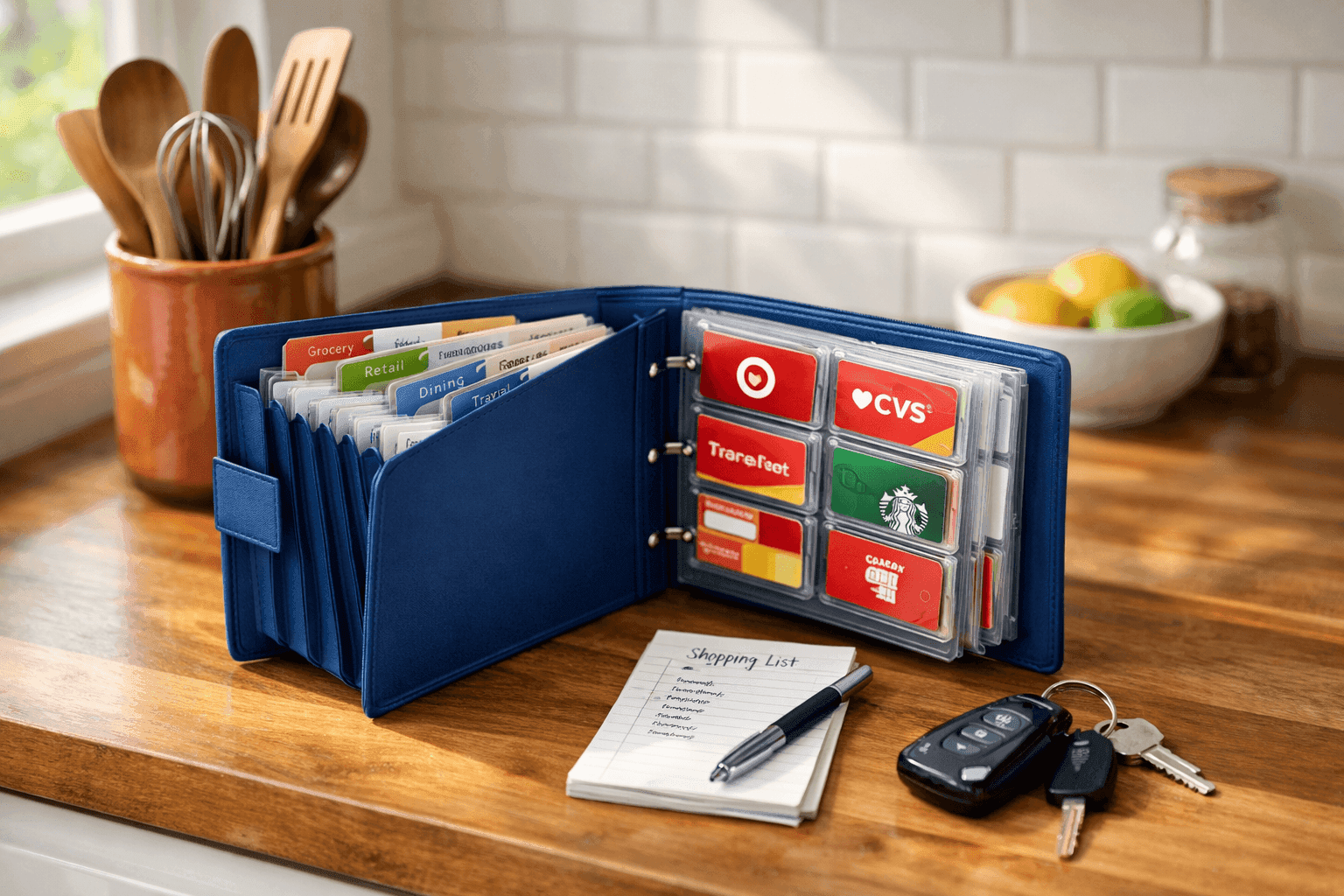 Organized accordion folder system with labeled coupon sections and colorful store loyalty cards neatly arranged on kitchen counter