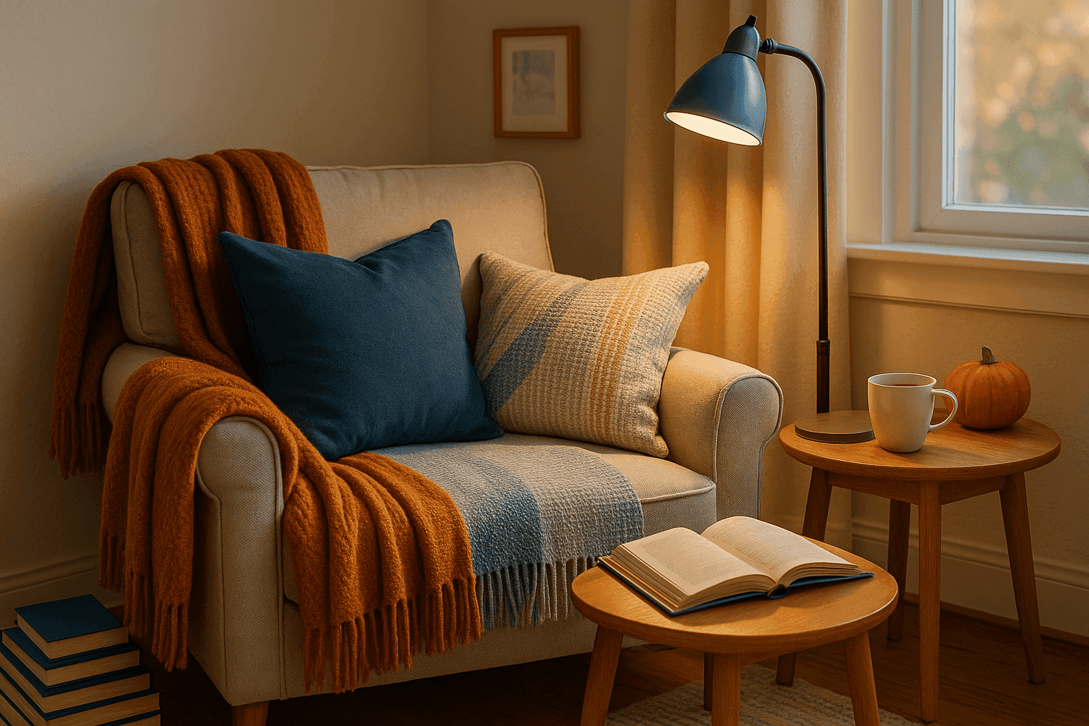 Inviting reading corner with soft lighting, comfortable chair, cozy blanket, and side table creating the perfect literary retreat