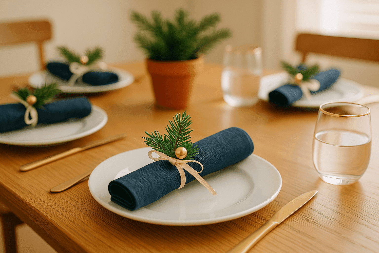 Elegant handmade napkin rings with greenery mini ornaments and ribbon creating holiday table settings for pennies