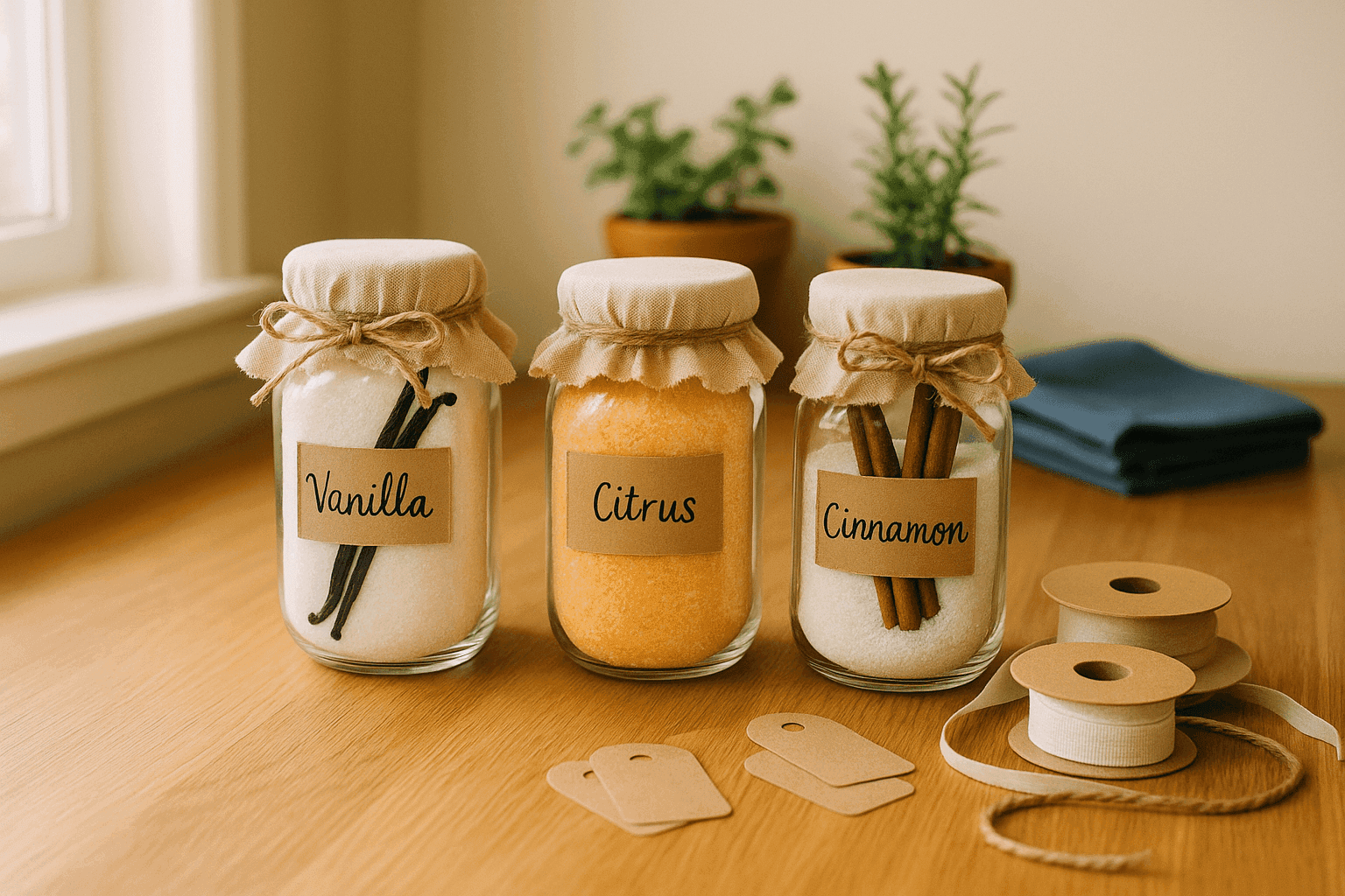 Decorative glass jars filled with homemade flavored sugars including vanilla bean citrus and cinnamon varieties creating elegant gifts