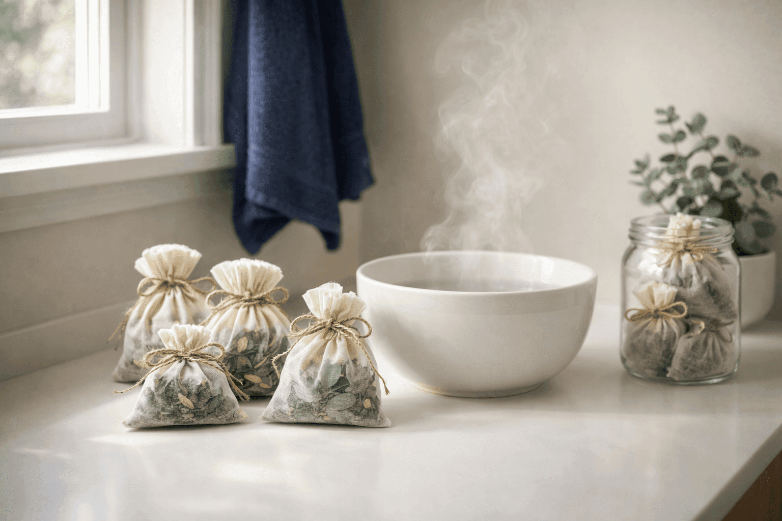 Handmade herbal steam sachets with eucalyptus and mint in muslin bags on bathroom counter