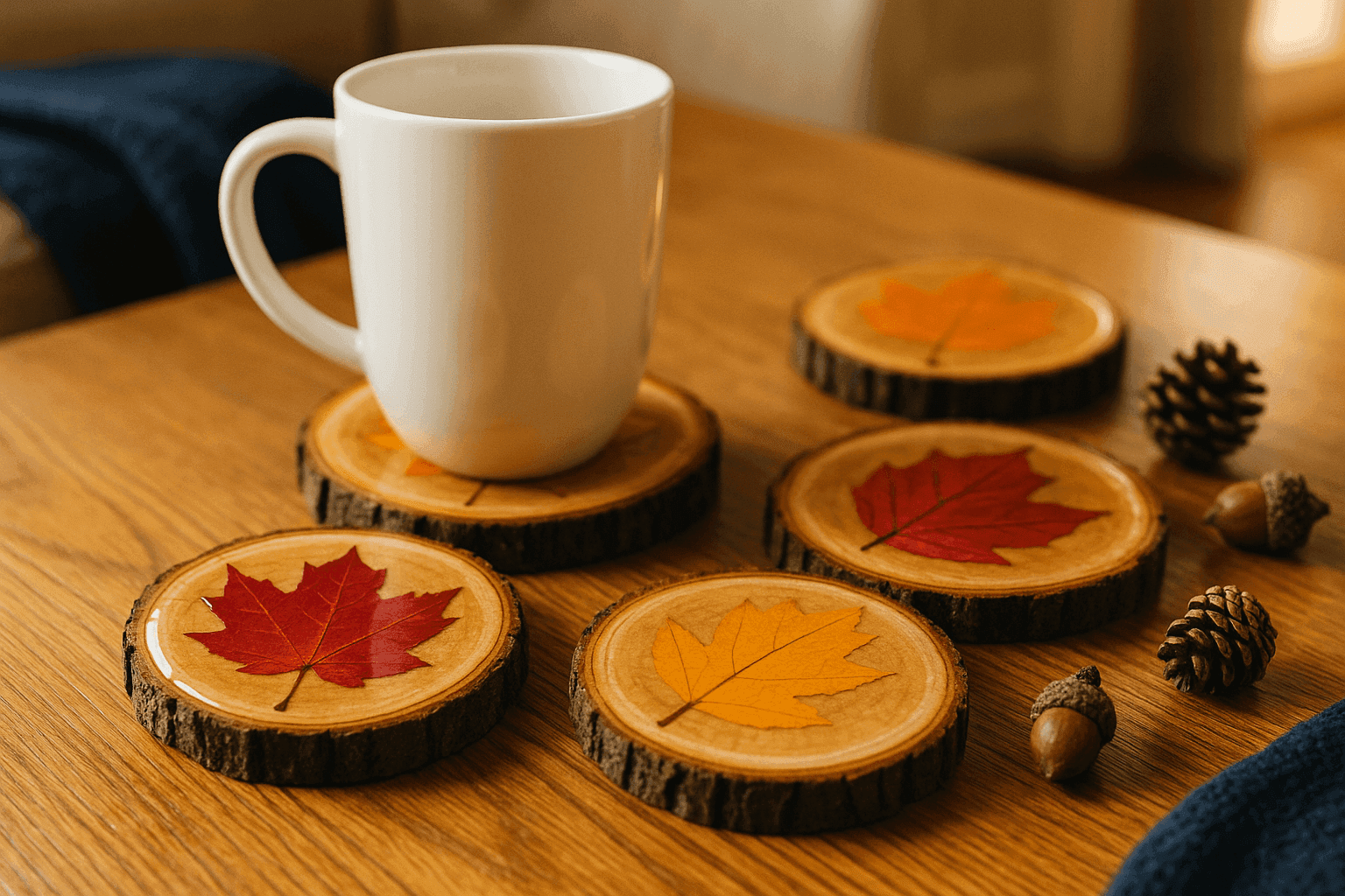 Beautiful handmade wood slice coasters with preserved fall leaves sealed under glossy polyurethane creating rustic functional autumn decor