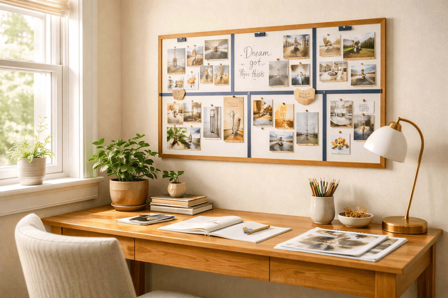 Beautiful vision board with inspiring images, quotes, and personal photos arranged on cork board in home office