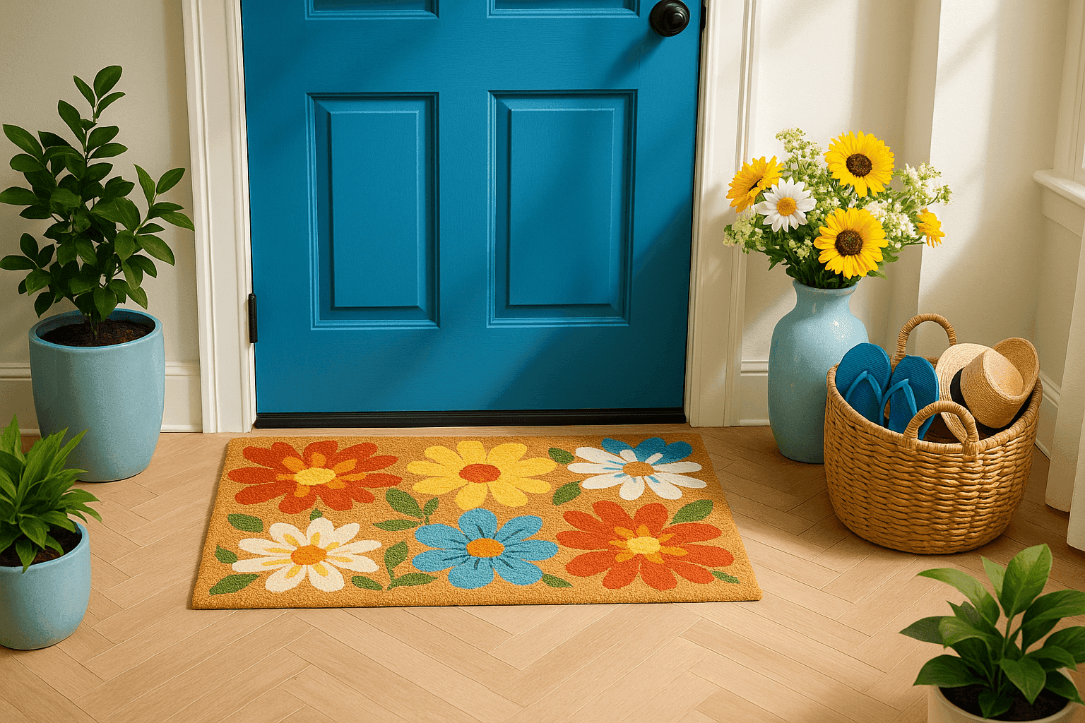 Bright summer entryway with colorful doormat, fresh flowers by the door, and woven basket for flip-flops and sun hats