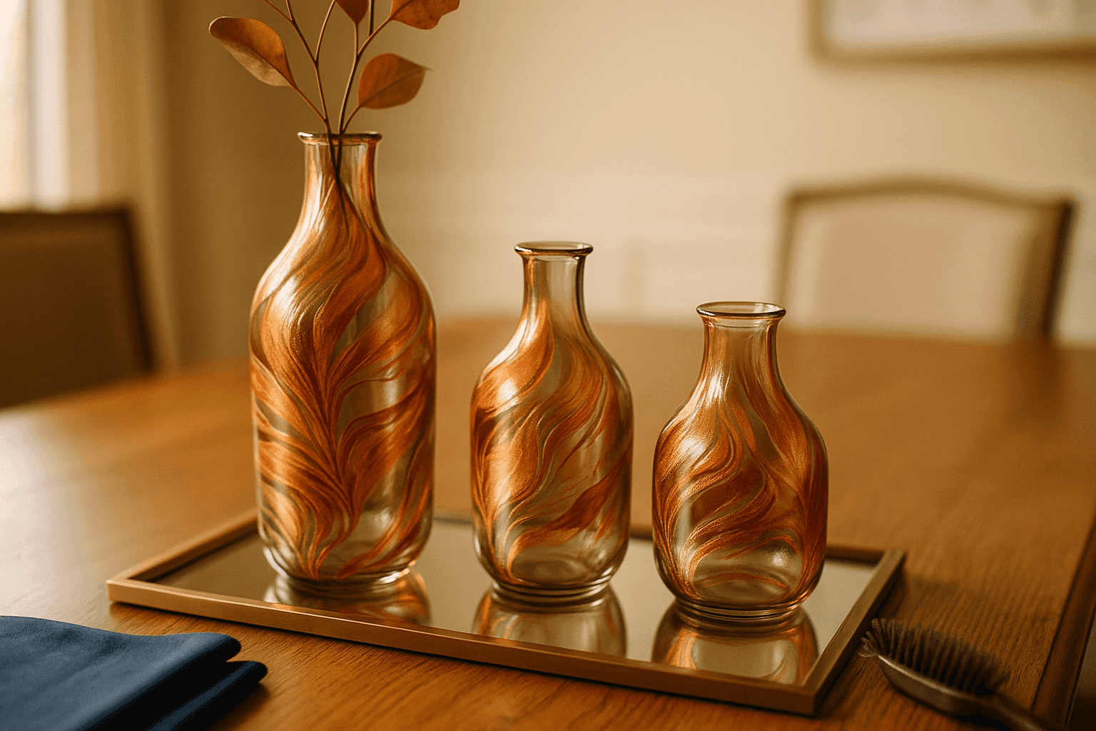 Stunning collection of marbled glass vases with swirled metallic copper, gold, and bronze patterns created using nail polish water-dipping technique displayed as elegant centerpiece