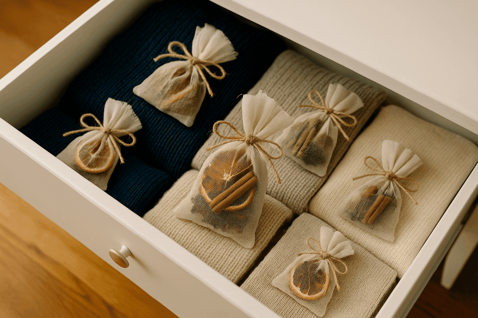 Beautiful handmade fall sachets with cinnamon sticks and dried orange slices tied in natural cheesecloth sitting in an organized dresser drawer