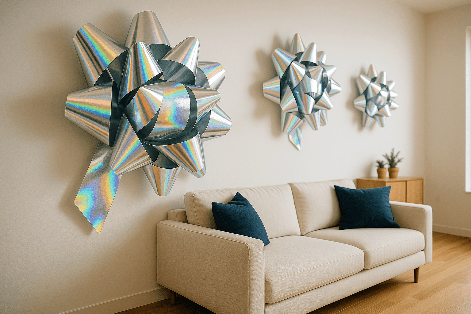 Oversized iridescent holographic bows mounted on white wall creating three-dimensional art installation with shimmering rainbow reflections