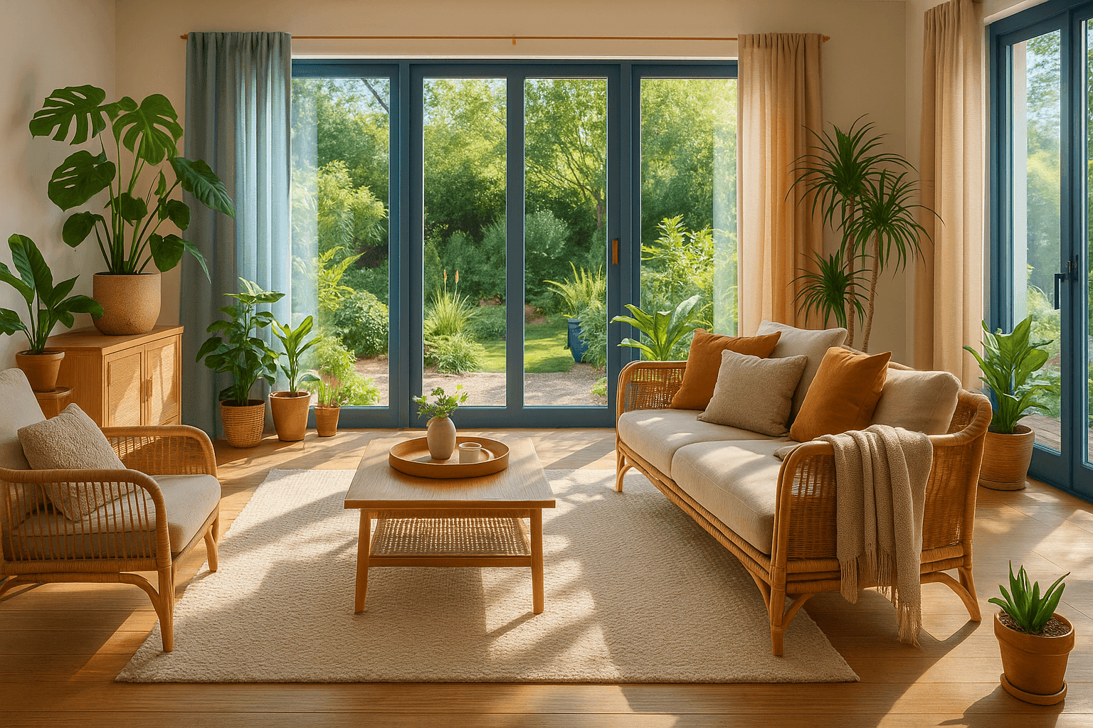 Beautiful living room with seamless indoor-outdoor flow featuring seating facing garden views, natural textiles, and abundant plants