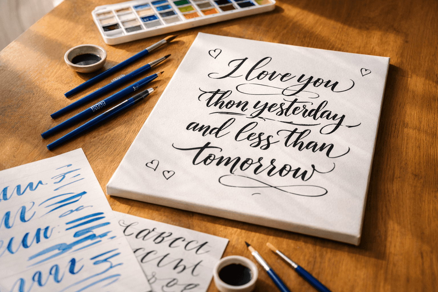 Beautiful hand-lettered romantic quote on canvas with brush and paint supplies on nearby workspace showing artistic process