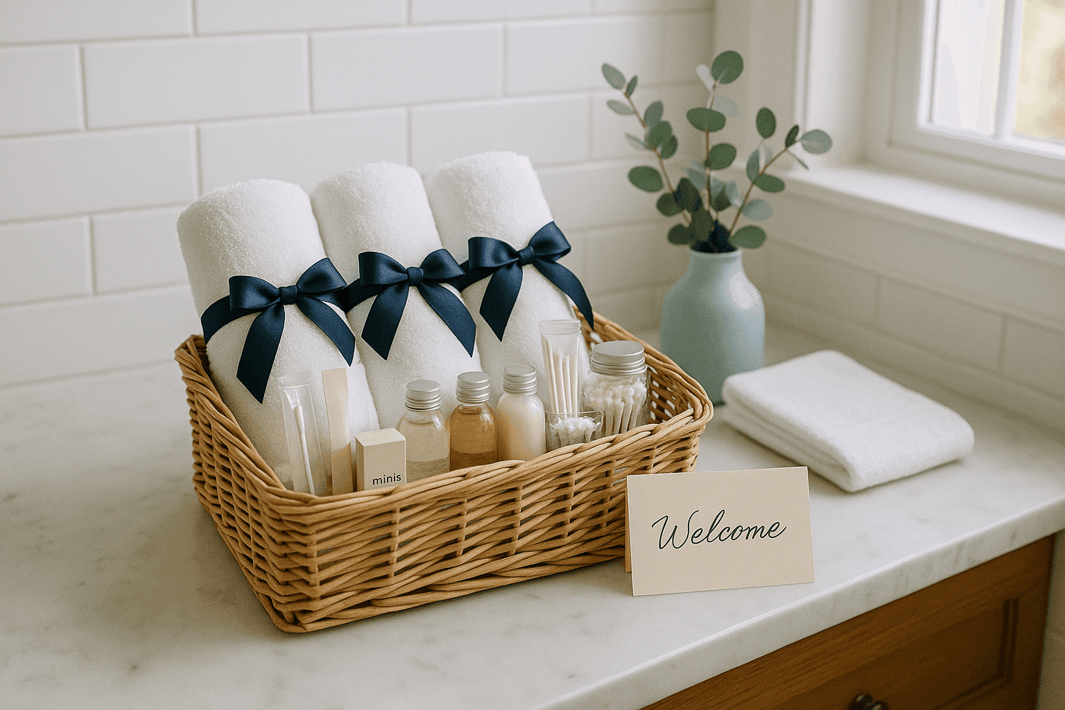 Beautifully arranged guest bathroom basket with rolled towels toiletries and amenities on clean bathroom counter