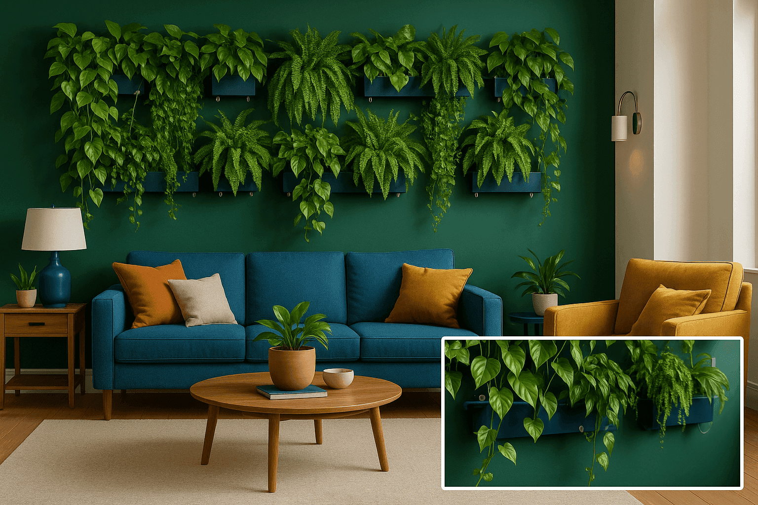 Stunning living room with lush green accent wall featuring vertical planters and climbing ivy creating a indoor conservatory atmosphere